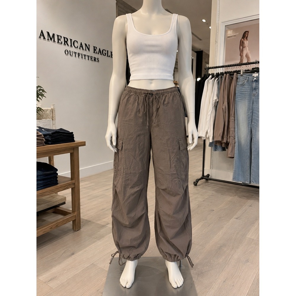 American Eagle Brown Cargo Parachute Pants Baggy Utility Y2K Size M - Picture 2 of 12